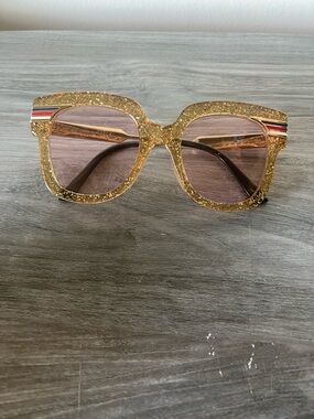 Gucci Gold Glitter Oversized Square Sunglasses with Red-White-Blue Accent